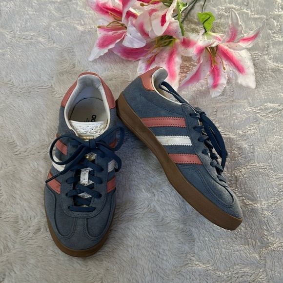 adidas Shoes - Adidas Gazelle Suede Blue w/Pink & White Stripes Sneakers